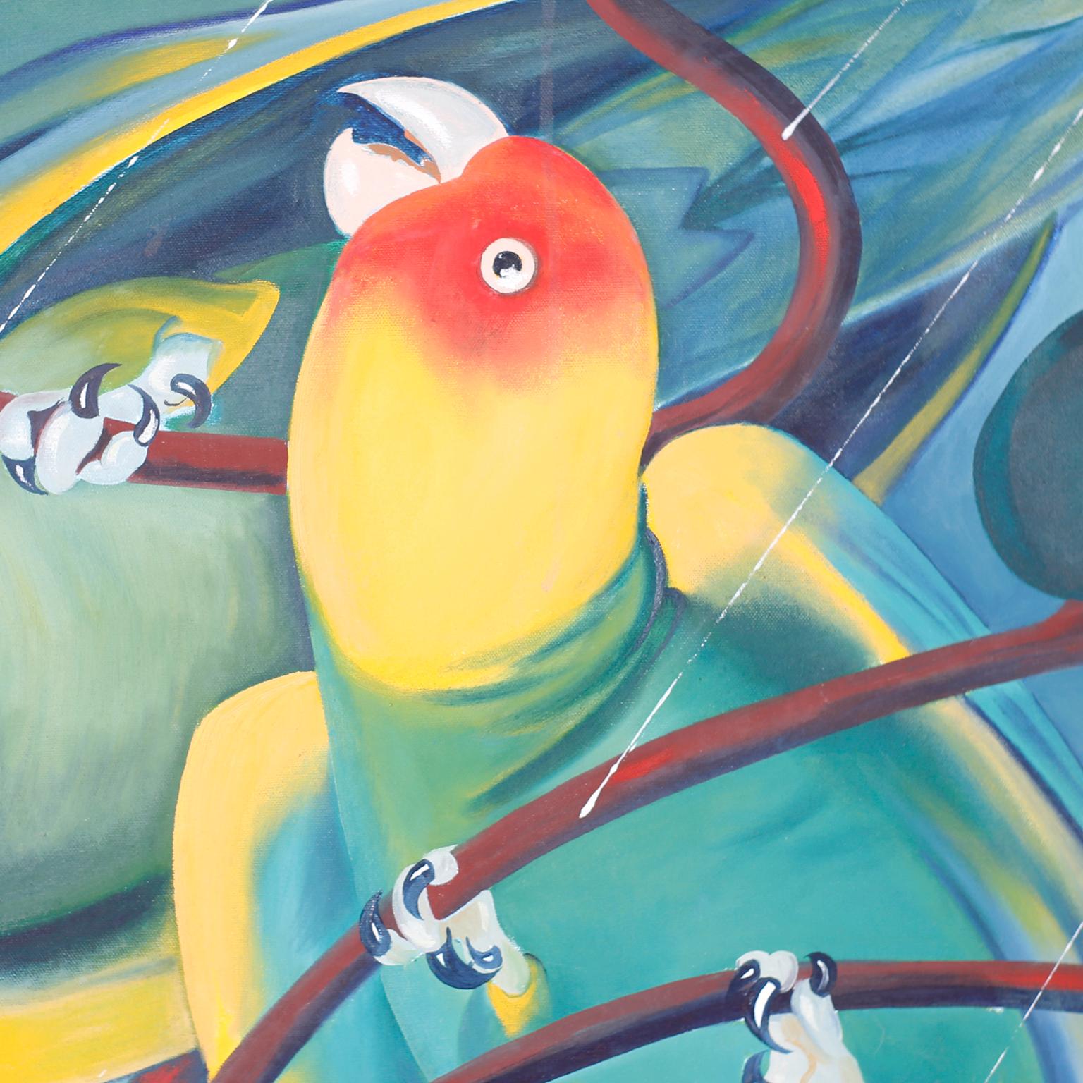 Peinture acrylique sur toile du milieu du siècle représentant deux perroquets dans un arbre avec des gouttes de pluie, exécutée avec des couleurs tropicales audacieuses et un sens du mouvement. On peut presque entendre cette peinture. Signé par