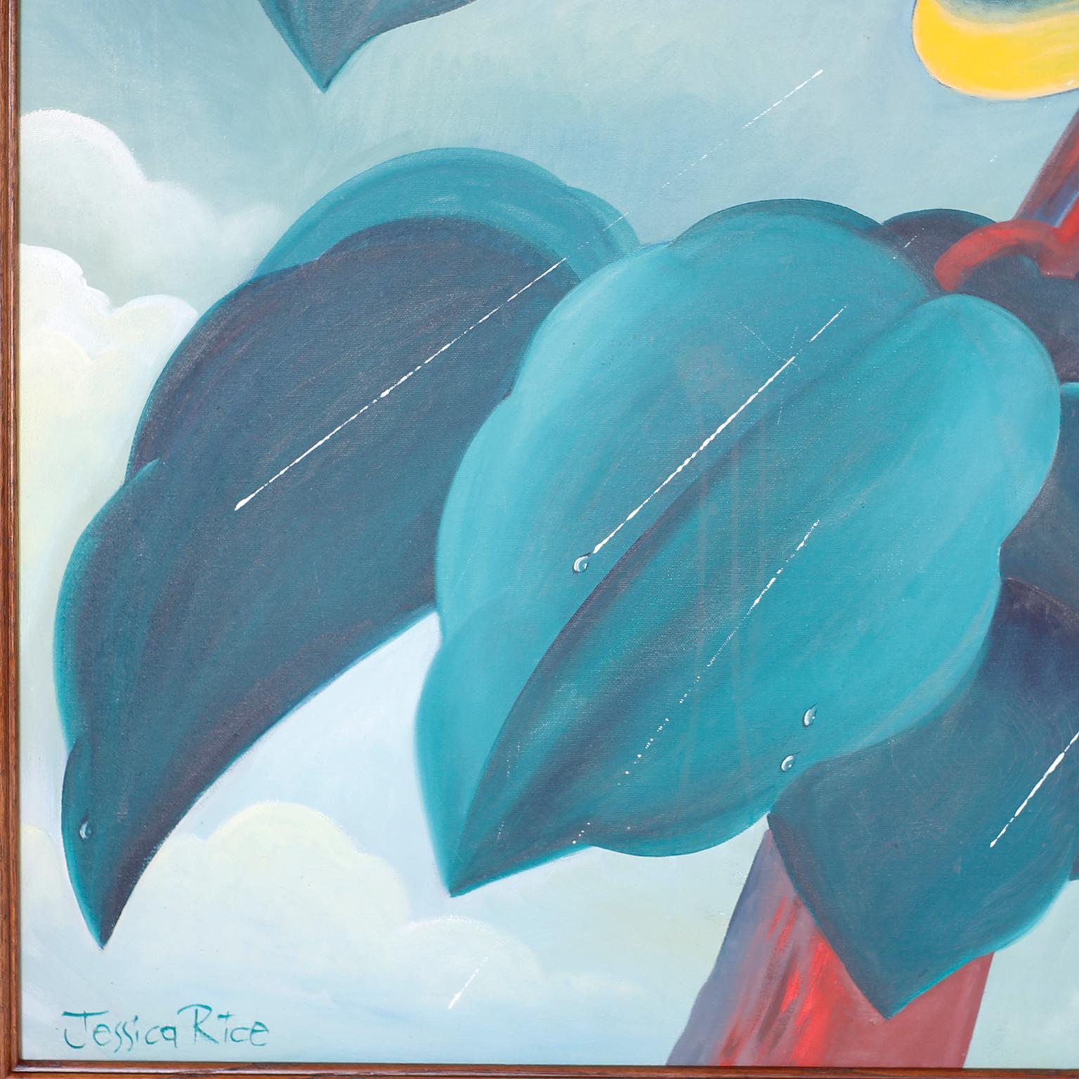 Peinture acrylique sur toile représentant deux perroquets dans la pluie en vente 2