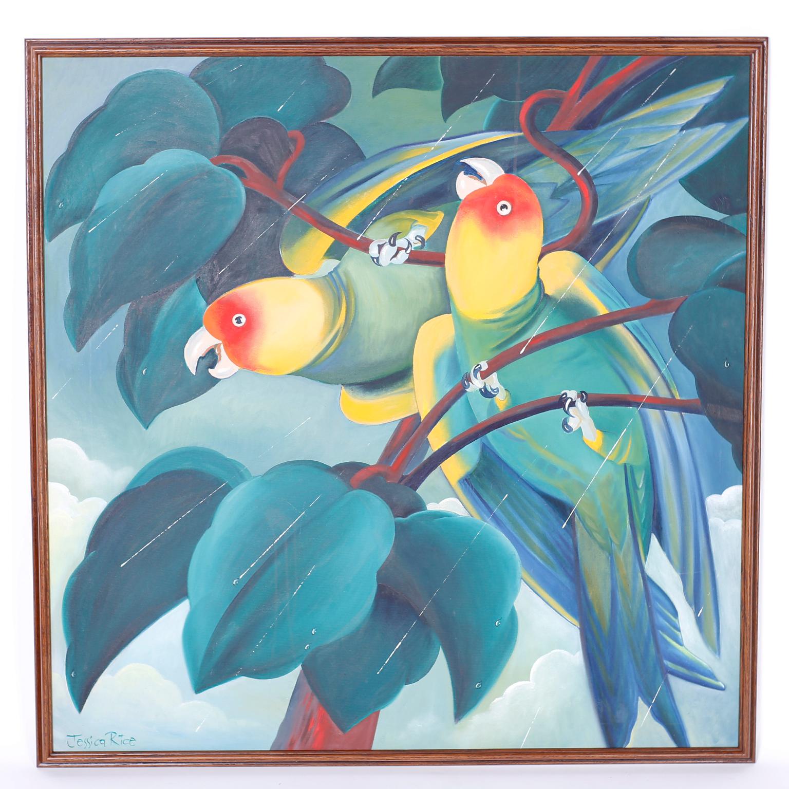 Jessica Rice Animal Painting - Acrylic Painting on Canvas of Two Parrots in the Rain