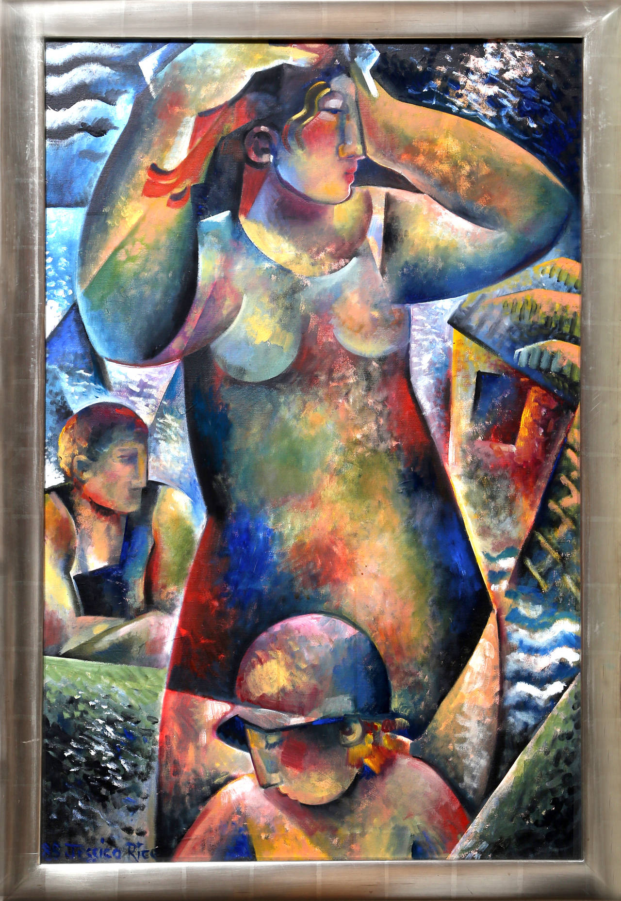 An oil painting by Jessica Rice from 1985. A cubist scene of figures on a tropical beach. Framed in silver wood frame. 
  
Artist: Jessica Rice
Title: Bathers
Year: 1985
Medium: Oil on Canvas, signed and dated l.l.
Size: 40 in. x 26 in. (101.6 cm x