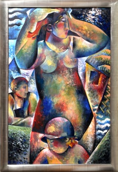 Retro Bathers, Large Cubist Painting by Jessica Rice
