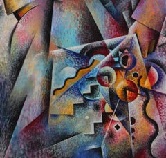 Coppia con bouquet, 1985, grande dipinto a olio Art Deco di Jessica Rice