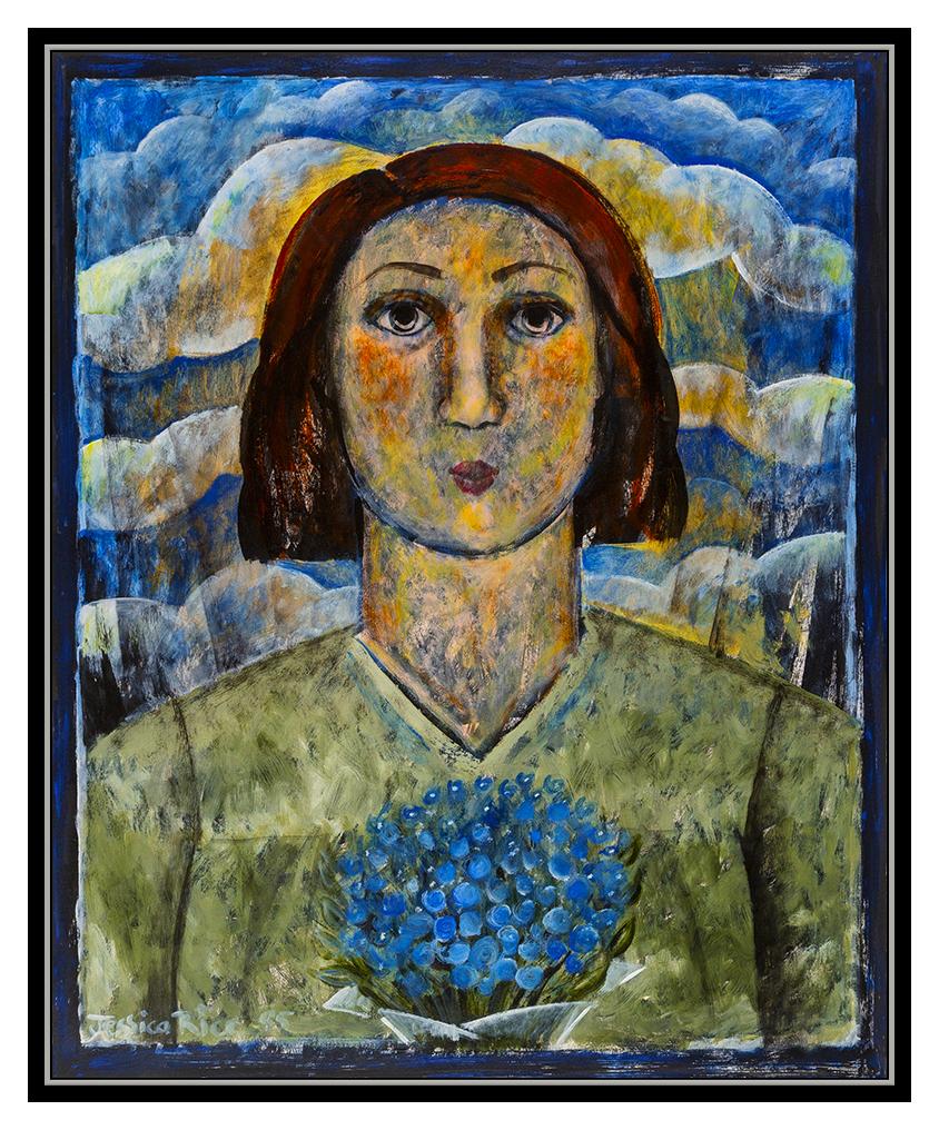 Jessica Rice Large Original Acrylic Painting Signed Female Portrait Framed Art For Sale 1