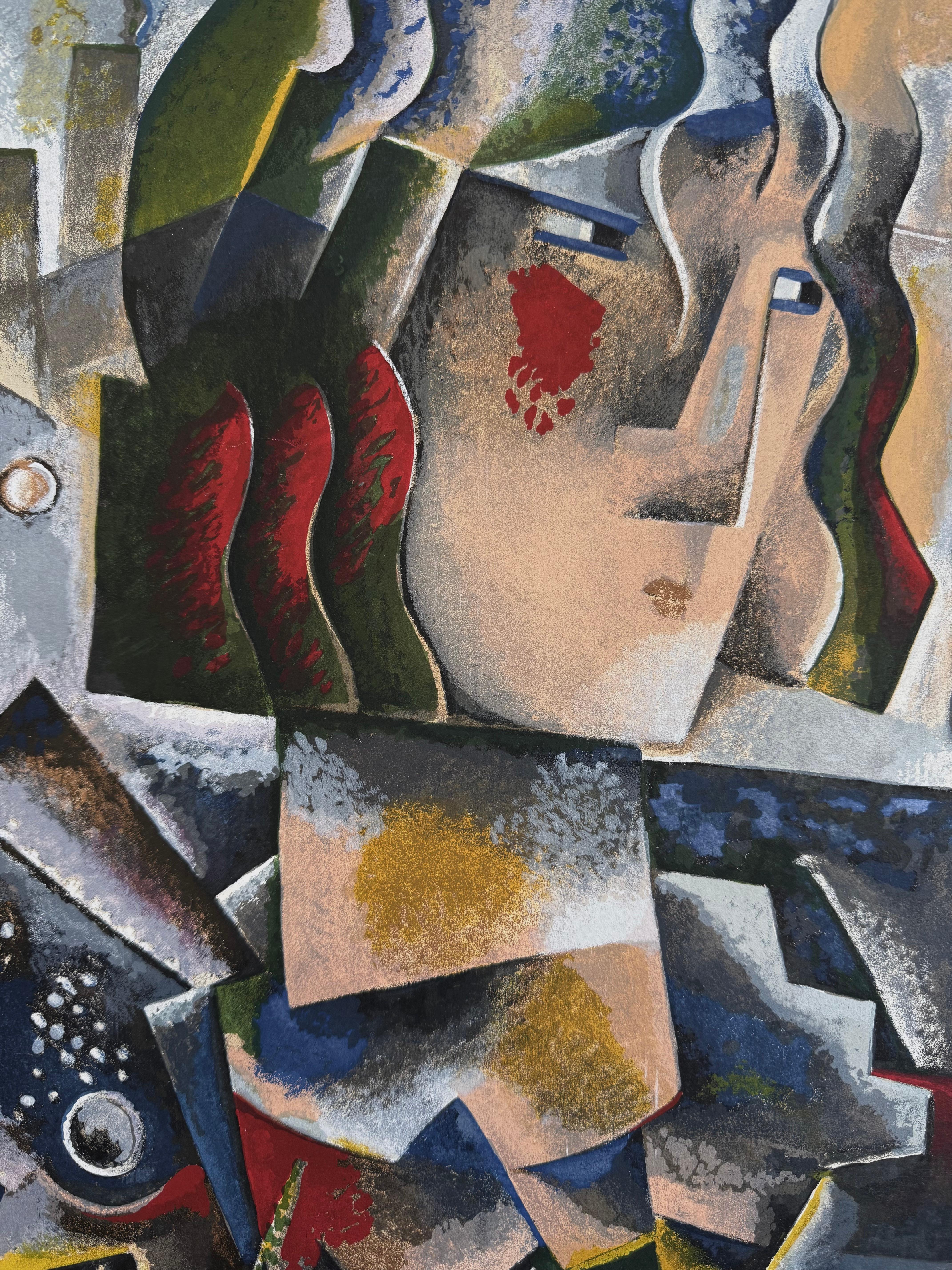 THE INVITATION Color Serigraph, Modern Abstract, Couple Portrait, Cubist style - Gray Figurative Print by Jessica Rice