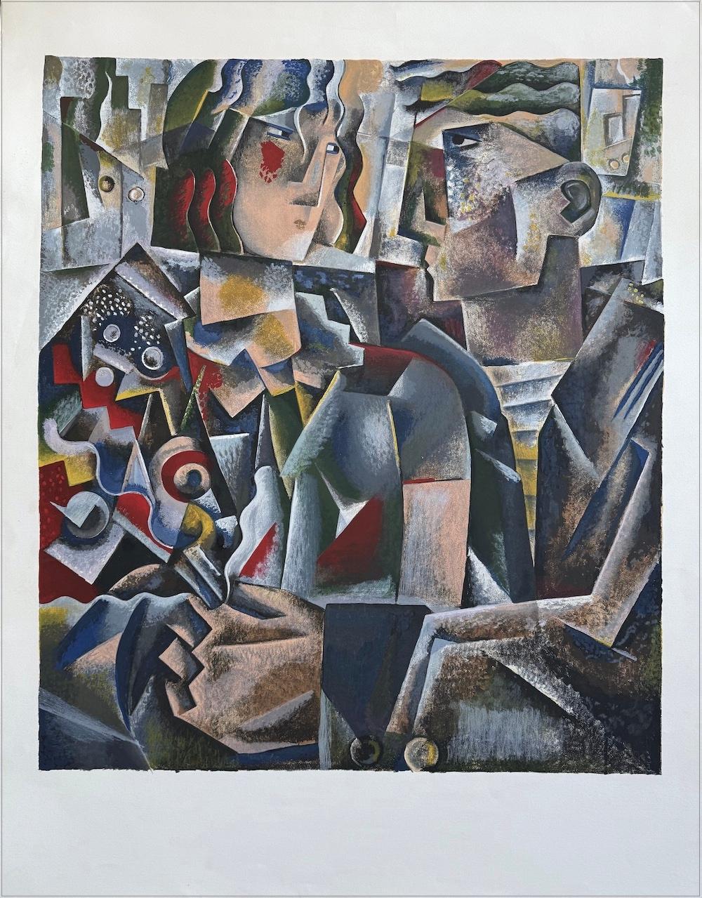 LA INVITACIÓN Serigrafía en color, abstracto moderno, retrato de pareja, estilo cubista