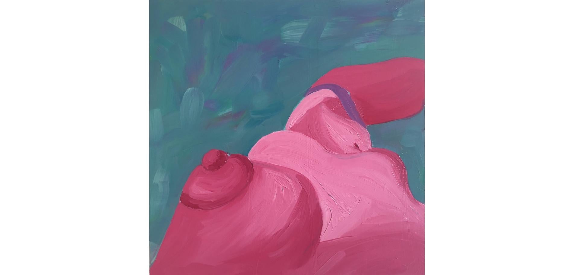 Blush (2020), heißes rosa nudefarbenes figuratives Ölgemälde auf Holzplatte, mit Türkis – Painting von Jessica Rubin