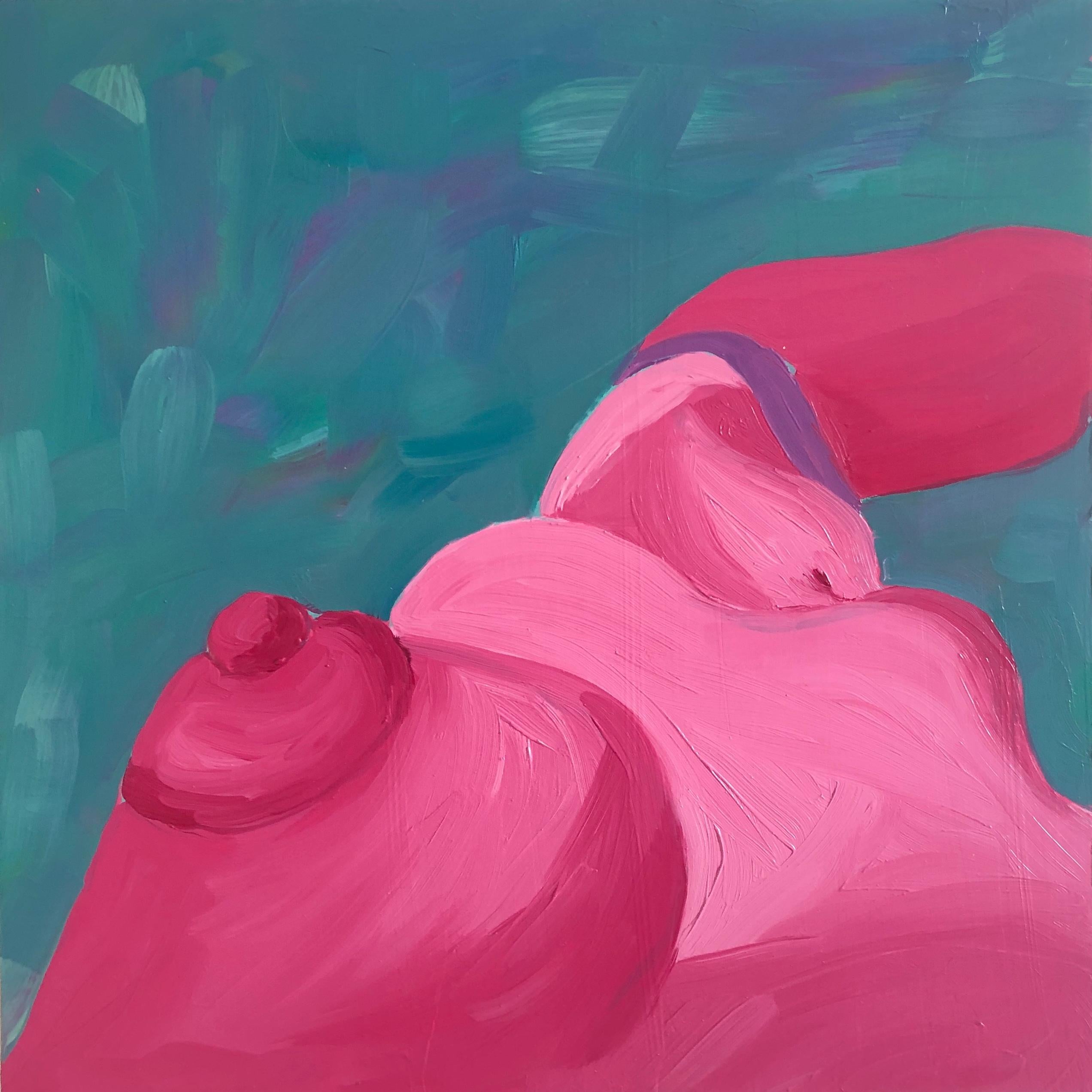 Blush (2020), hot pink nude figurative oil on wood panel painting, w/ turquoise