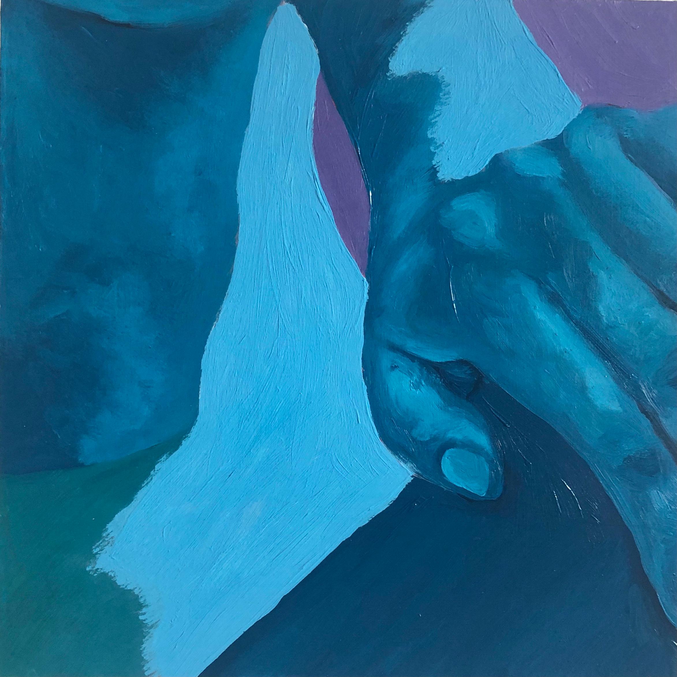 Cold (2020), blue nude oil on wood panel painting, hand and torso, cool tones