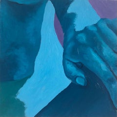 Cold (2020), blue nude oil on wood panel painting, hand and torso, cool tones