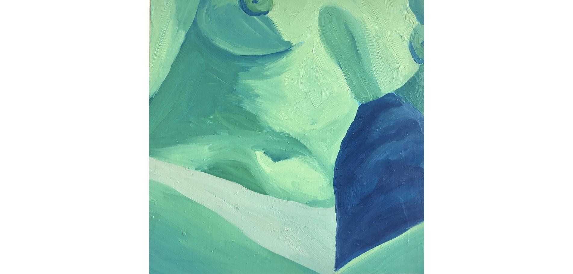 Figuratives mintgrünes Aktporträt, Öl auf Holzplatte, Glow, 2021 – Painting von Jessica Rubin