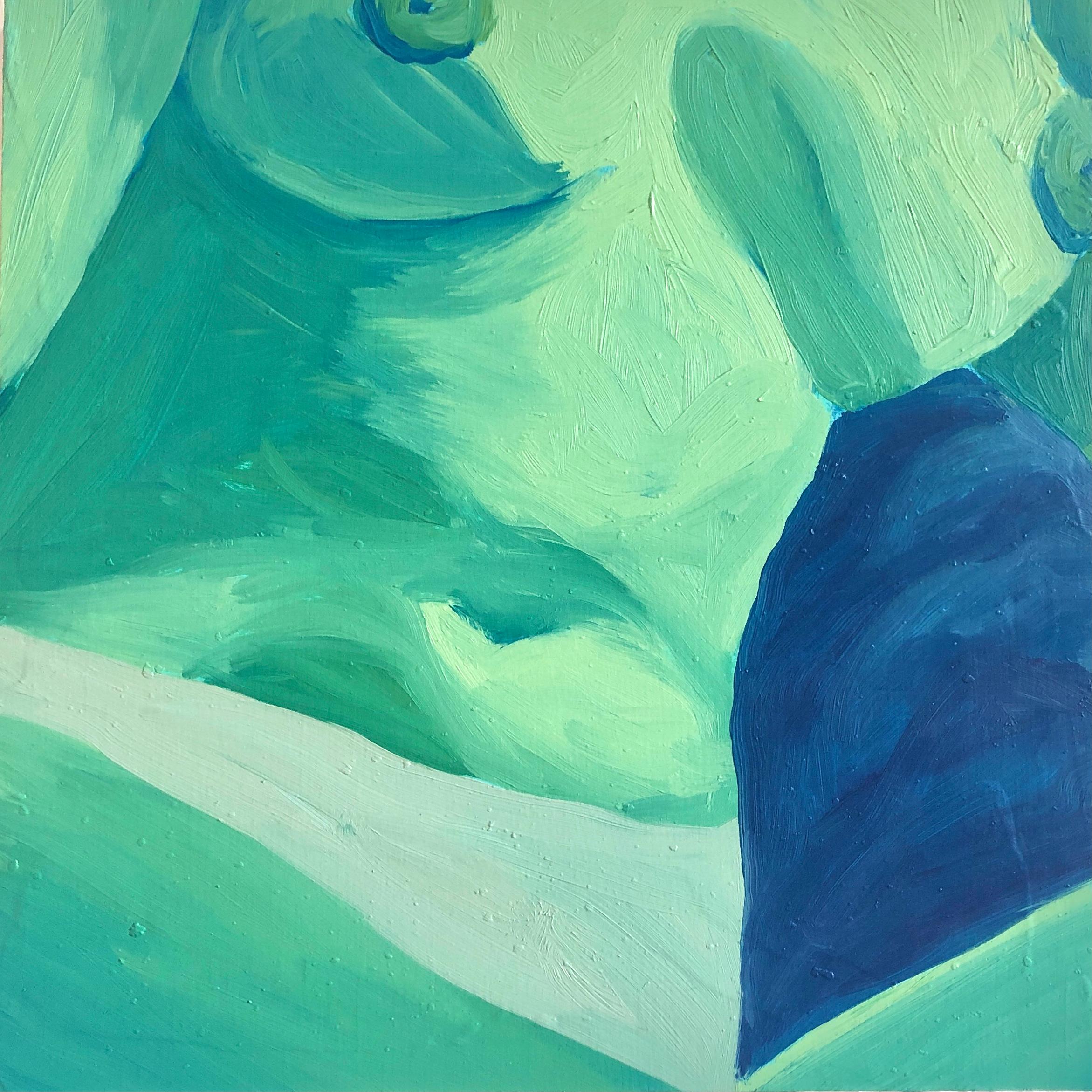 Glow, 2021, figurative mint green nude portrait, oil on wood panel painting
