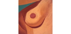 Golden, Oil painting on wood panel, 2021, figurative nude portrait peach & teal