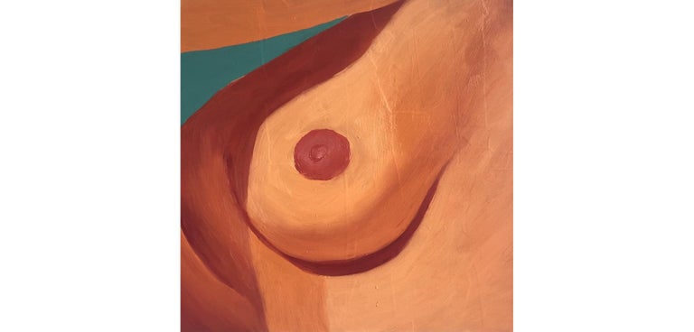 Golden, Oil painting on wood panel, 2021, figurative nude portrait peach & teal - Painting by Jessica Rubin