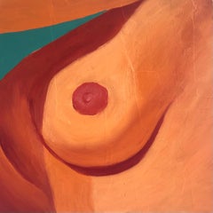 Golden, Oil painting on wood panel, 2021, figurative nude portrait peach & teal