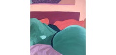 Ray (2020), dipinto figurativo rosa, viola, acqua e blu nudo su pannello di legno