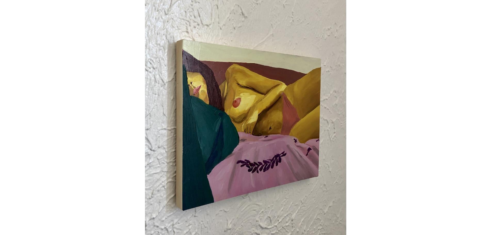 Study For Bedroom Scene 3, Oil painting on wood panel, figurative nude portrait - Painting by Jessica Rubin