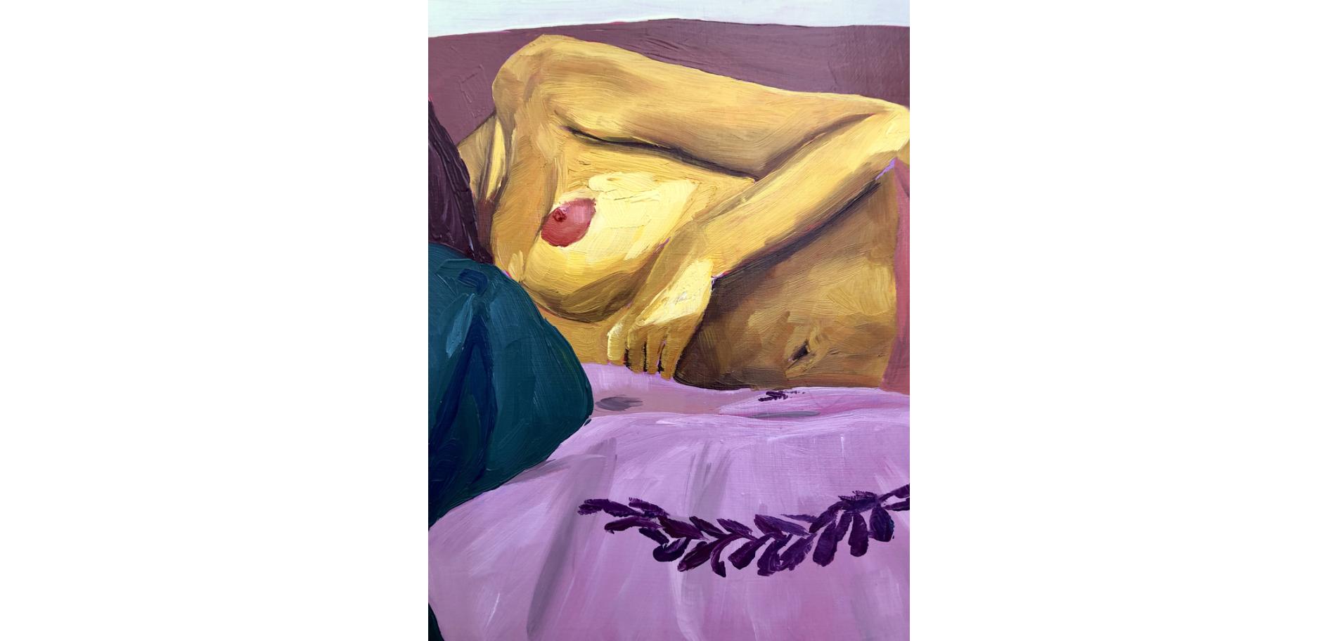 Study For Bedroom Scene 3, Oil painting on wood panel, figurative nude portrait - Brown Figurative Painting by Jessica Rubin