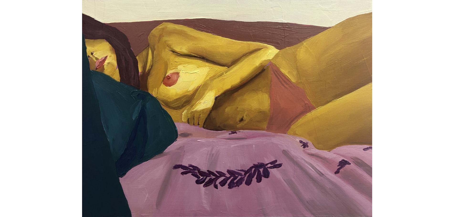 Study For Bedroom Scene 3, Oil painting on wood panel, figurative nude portrait - Feminist Painting by Jessica Rubin