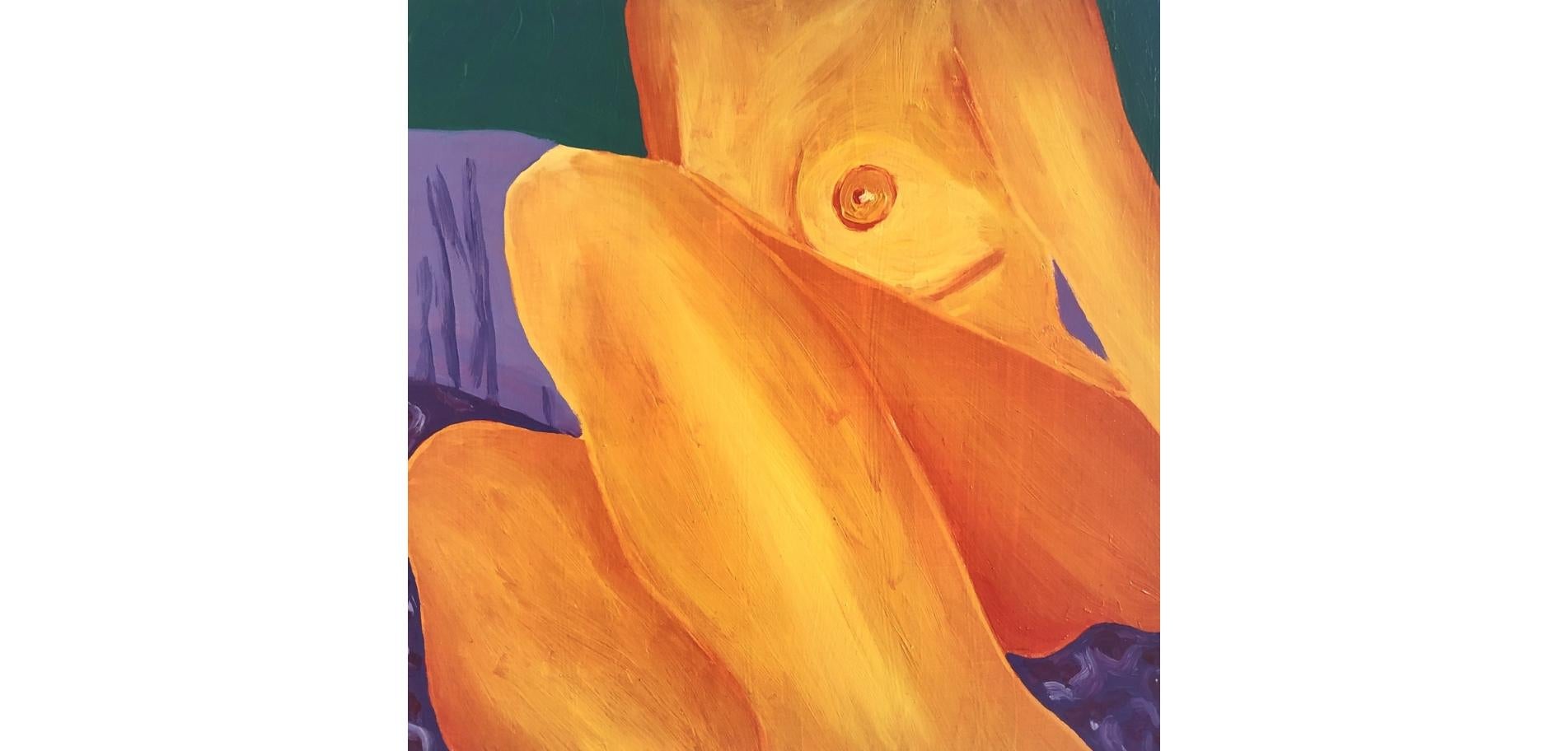 Tender (2020), golden yellow & orange nude oil on wood panel figurative painting - Painting by Jessica Rubin