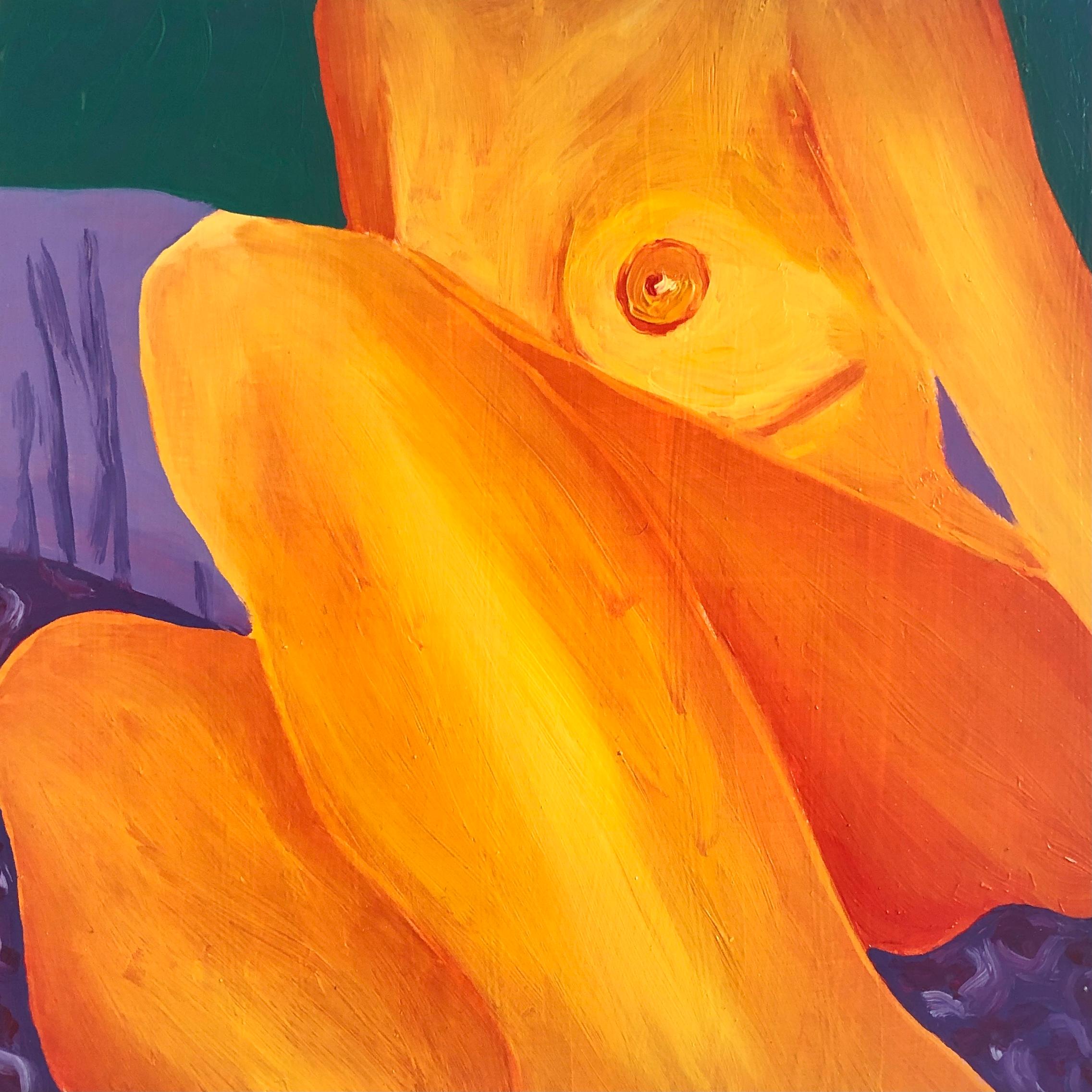 Jessica Rubin Figurative Painting - Tender (2020), golden yellow & orange nude oil on wood panel figurative painting