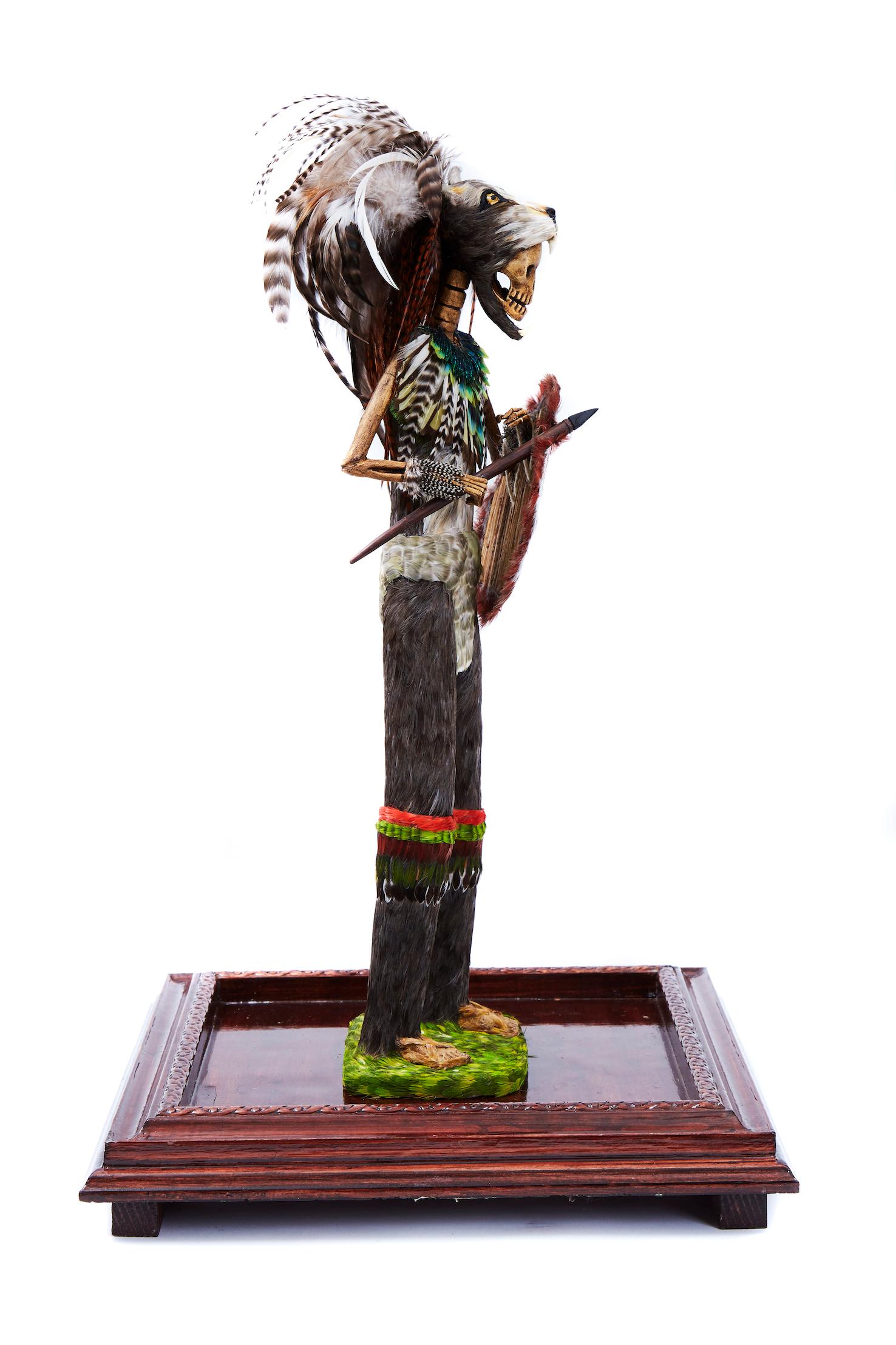 Emperador Ahuizotl, Mexican Folk Art, Featherwork  - Cactus Fine Art - Black Figurative Sculpture by Jessica Yazmin Fuerte Alejo