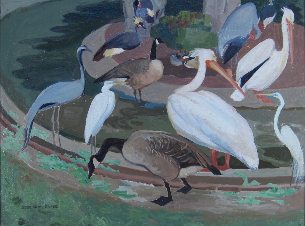 Description: Jessie Arms Botke, Aviary Scene, Santa Paula, CA

Title: 'Aviary Scene - Santa Paula, CA #1'
Media: Oil on canvas laid down on masonite panel.

Date: c.1930s-1940s

Medium: Oil on canvas laid on masonite panel.

Measurements: 11.75