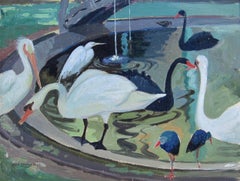 Oil painting of birds at a fountain in Santa Paula, CA by Jessie Arms Botke