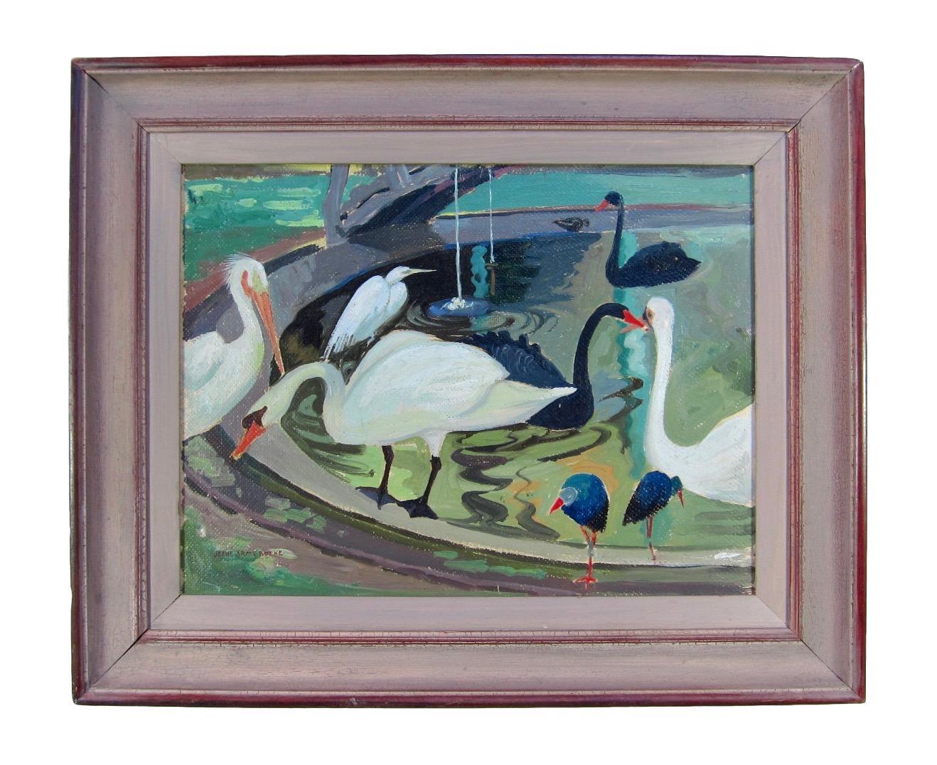 Description:  Oil painting of birds at an aviary in Santa Paula, CA by California artist Jessie Arms Botke.

Media: Oil on canvas laid down on a masonite panel.

Title: 