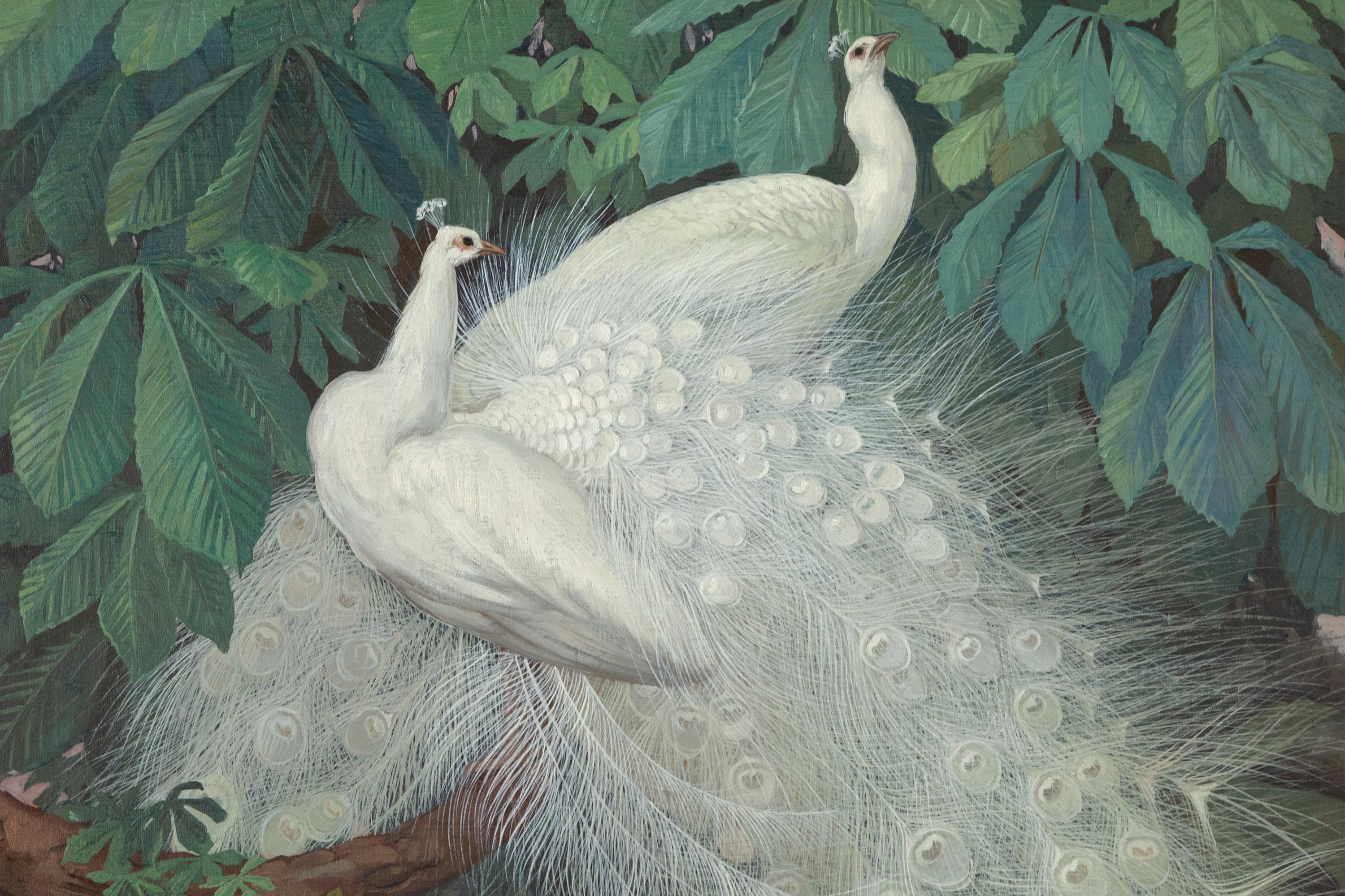 Deux paons blancs - Gris Animal Painting par Jessie Arms Botke