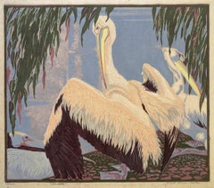 FLAMINGOS - La plus grande gravure sur bois en couleurs de Botke dans le domaine des arts et de l'artisanat !