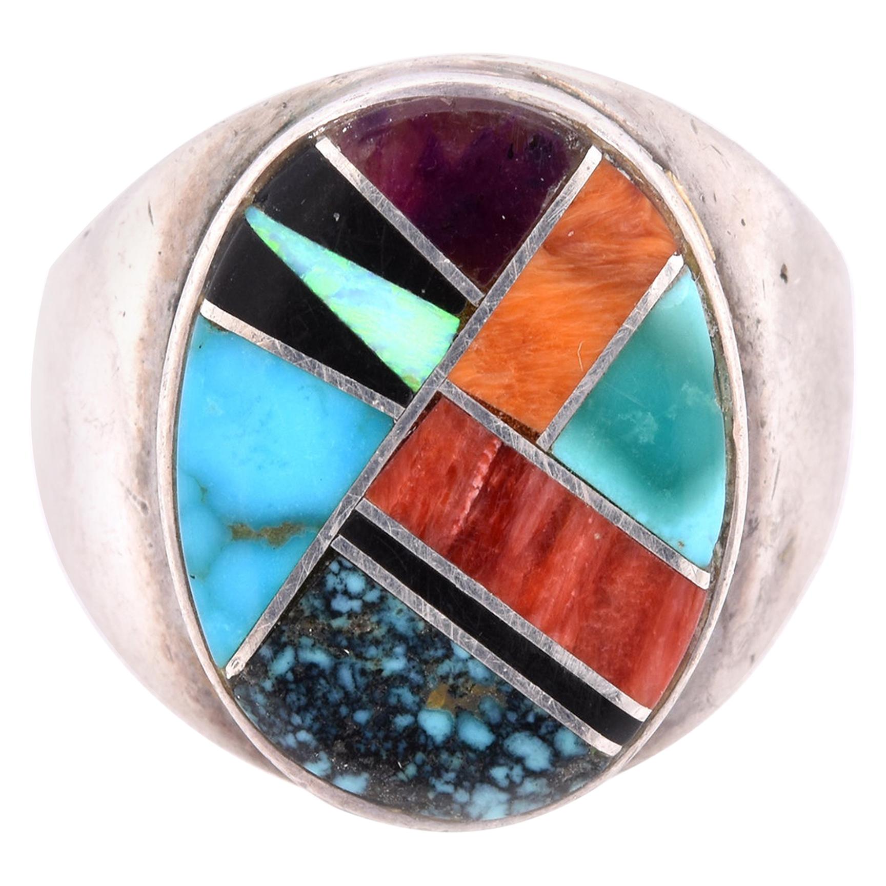 Jessie Begay Sterling Silver Turquoise, Onyx, Opal, Carnelian, and Coral Inlay R