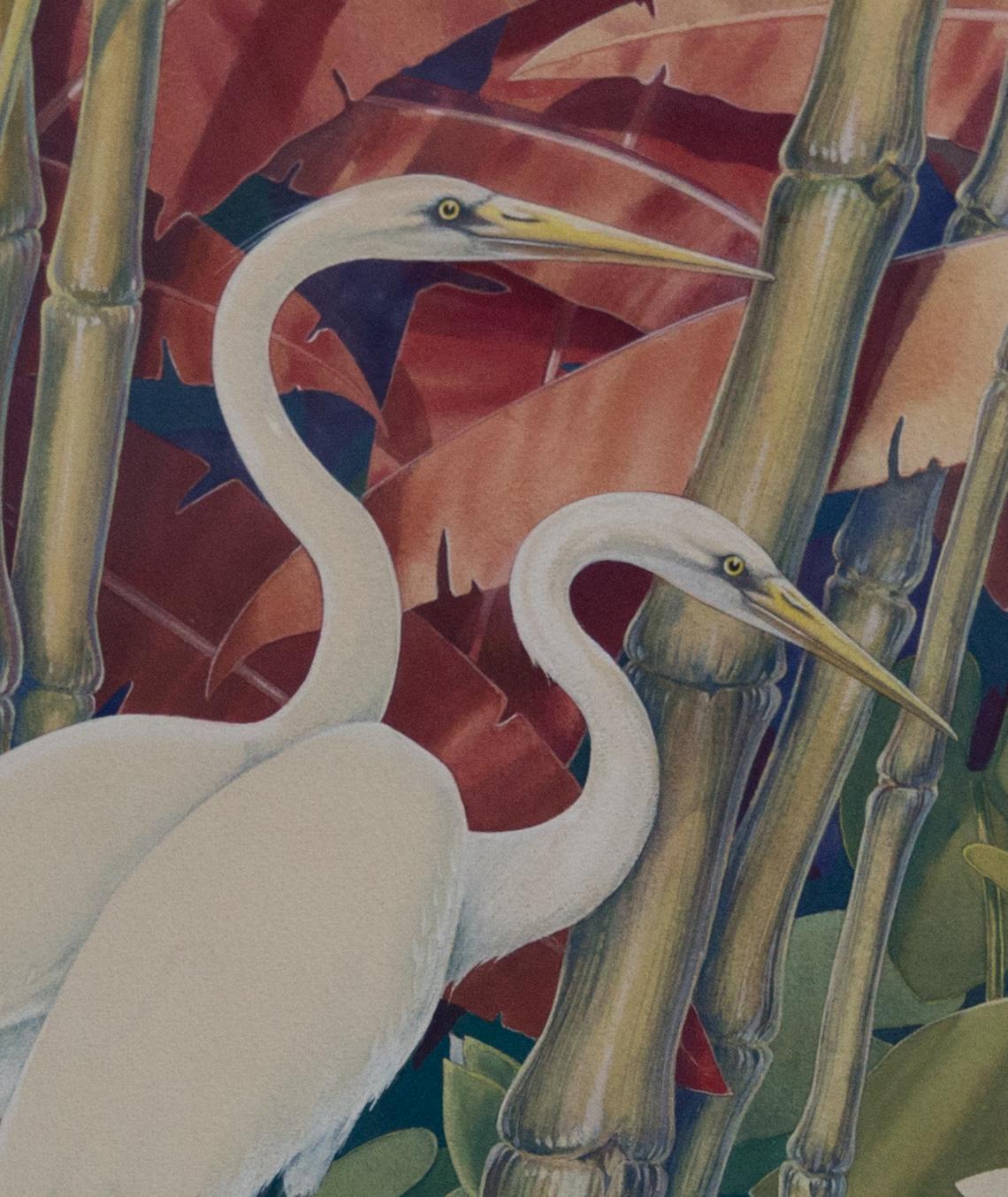 Offered is a Jessie Hazel Arms Botke (attribute) watercolor/gouache painting depicting white cranes amidst foliage. Botke attended the Chicago Art Institute, worked with Albert Herter on designs and also as a muralist in New York City and in San