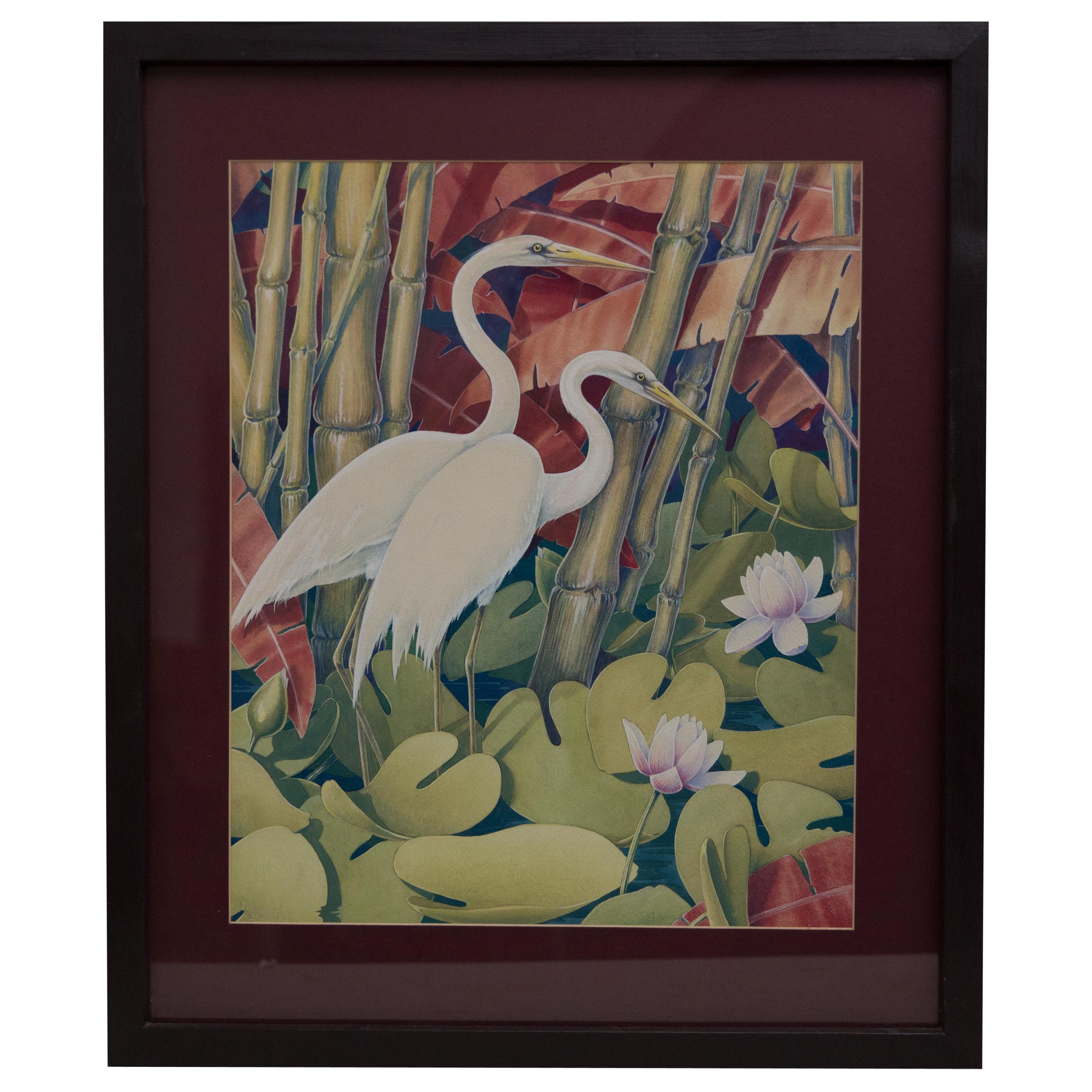 Jessie Hazel Arms Botke 'Attribute' Watercolor/Gouache Painting of White Cranes