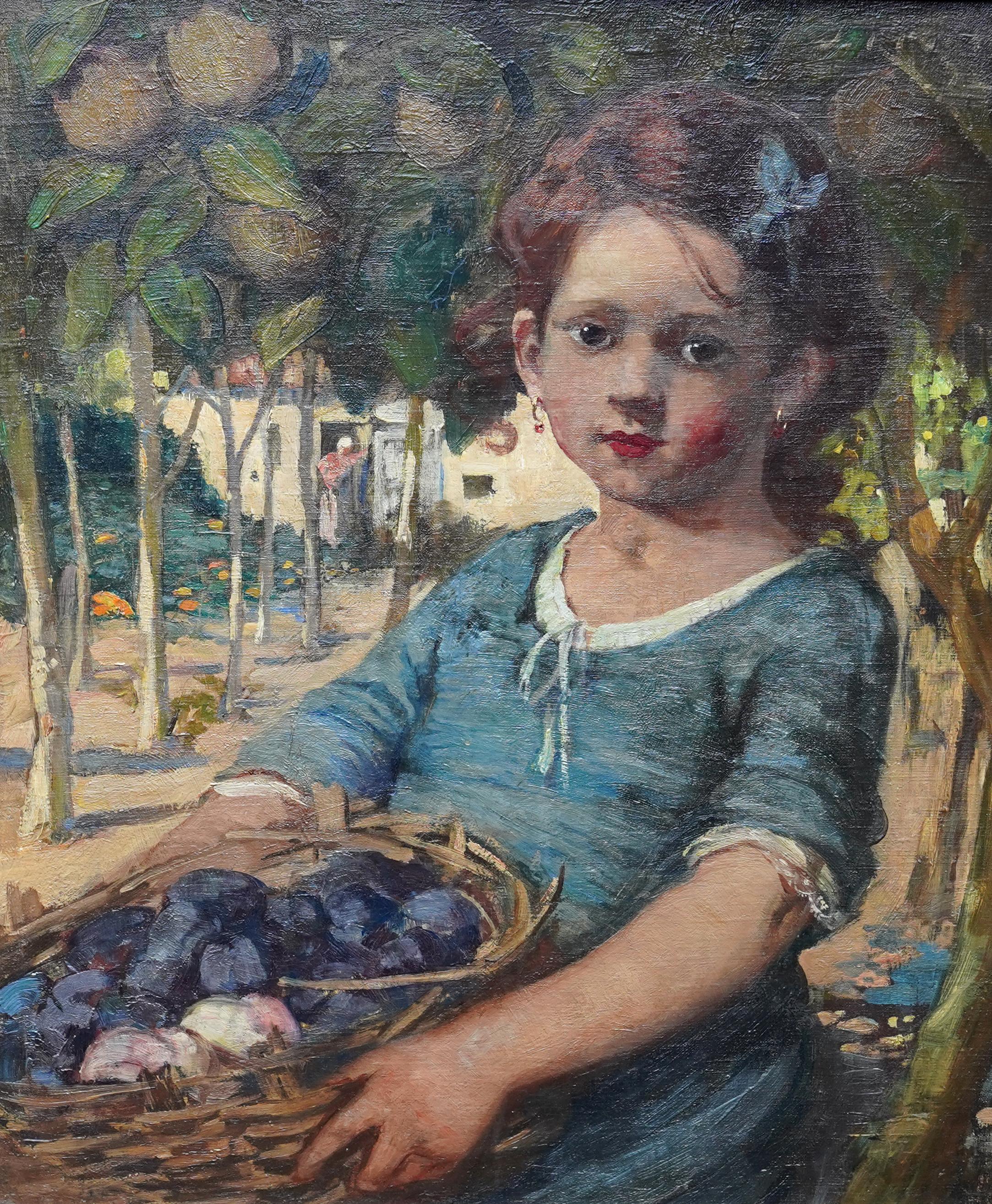 Harvesting Plums - Scottish 1930's Glasgow School art portrait oil painting - Painting by Jessie M. McGeehan