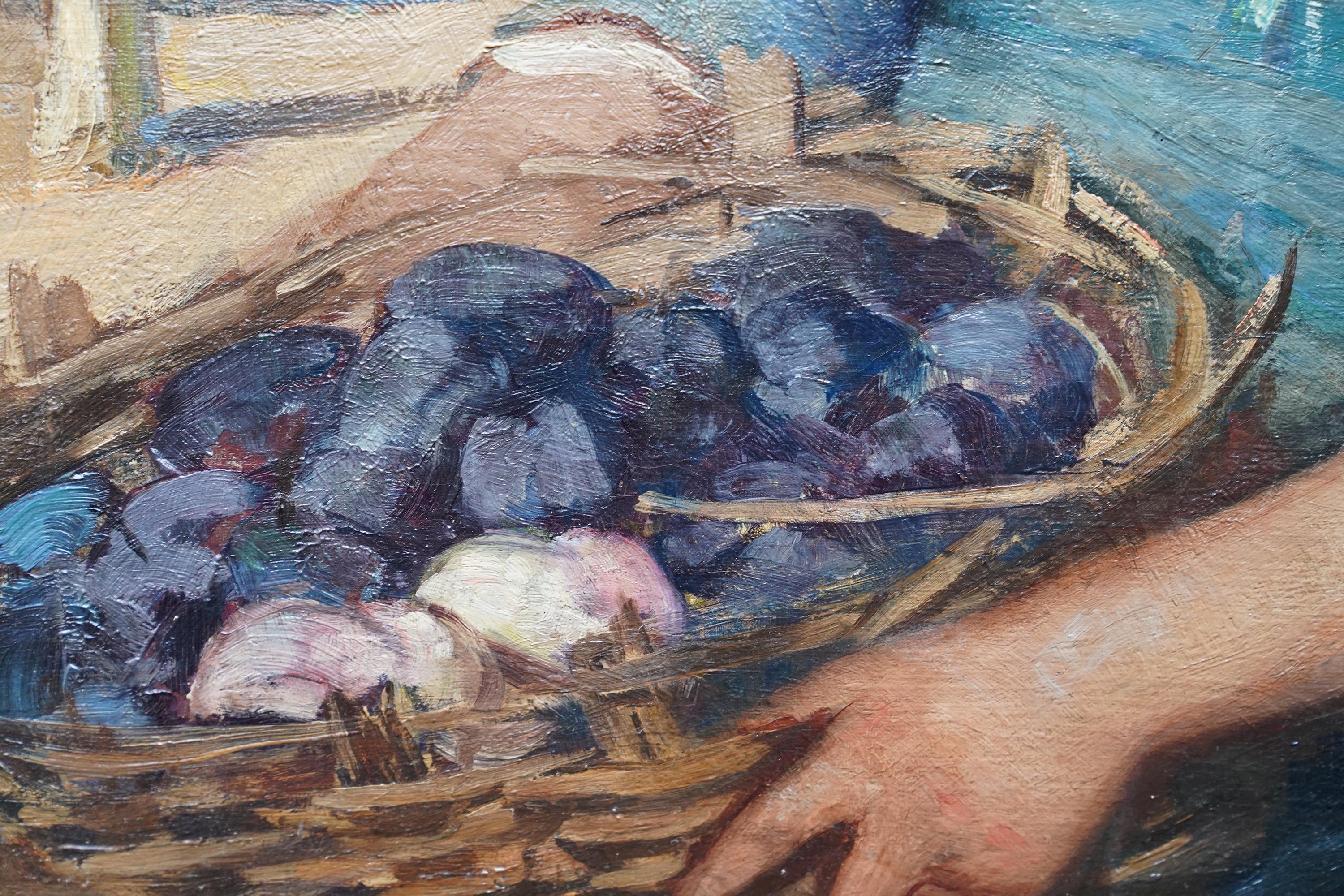 Harvesting Plums - Scottish 1930's Glasgow School art portrait oil painting For Sale 5