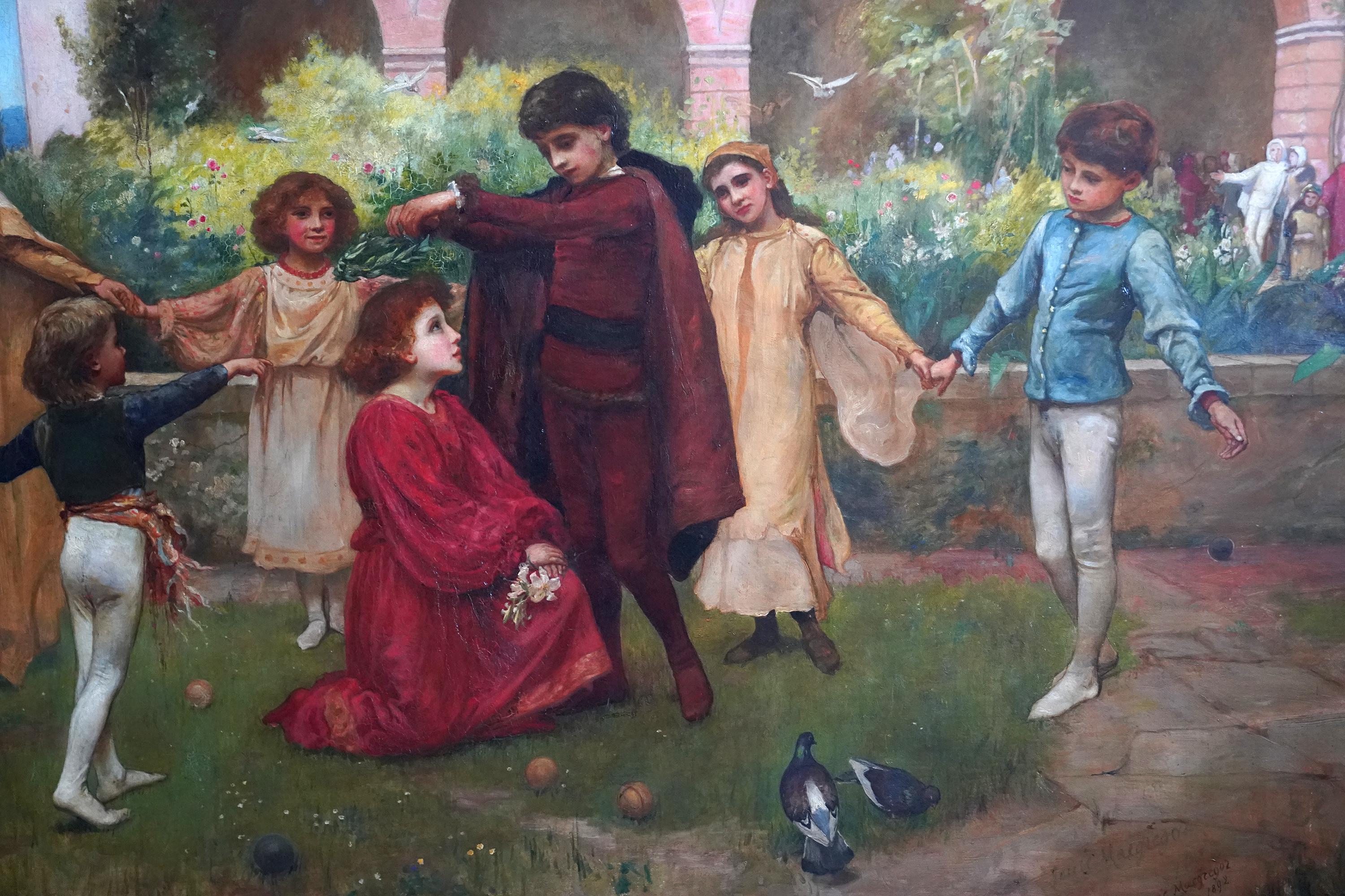 Infanzia di Dante - Pittura a olio figurativa preraffaellita di epoca vittoriana britannica - Painting di Jessie MacGregor