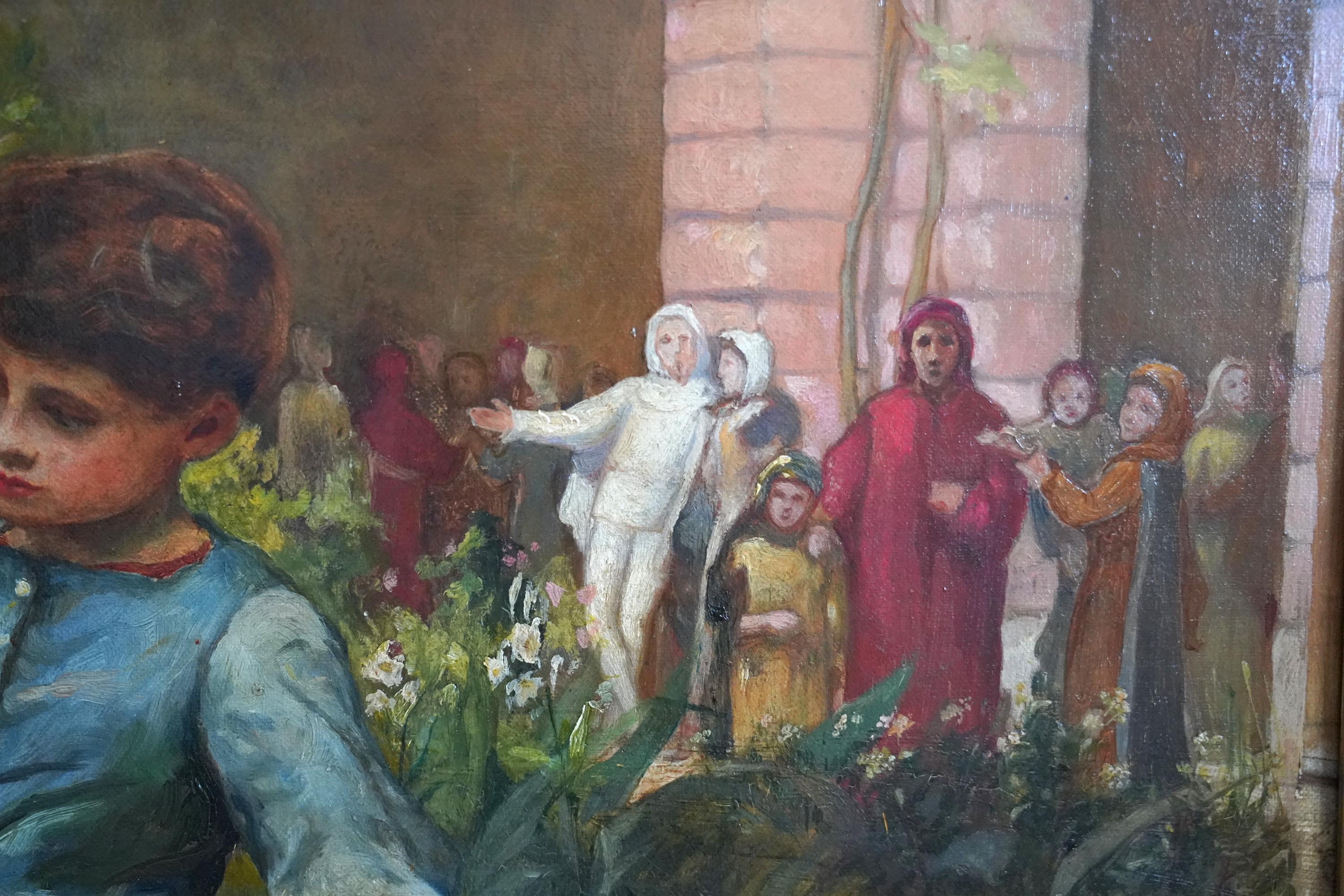 Infanzia di Dante - Pittura a olio figurativa preraffaellita di epoca vittoriana britannica - Painting Preraffaellita di Jessie MacGregor