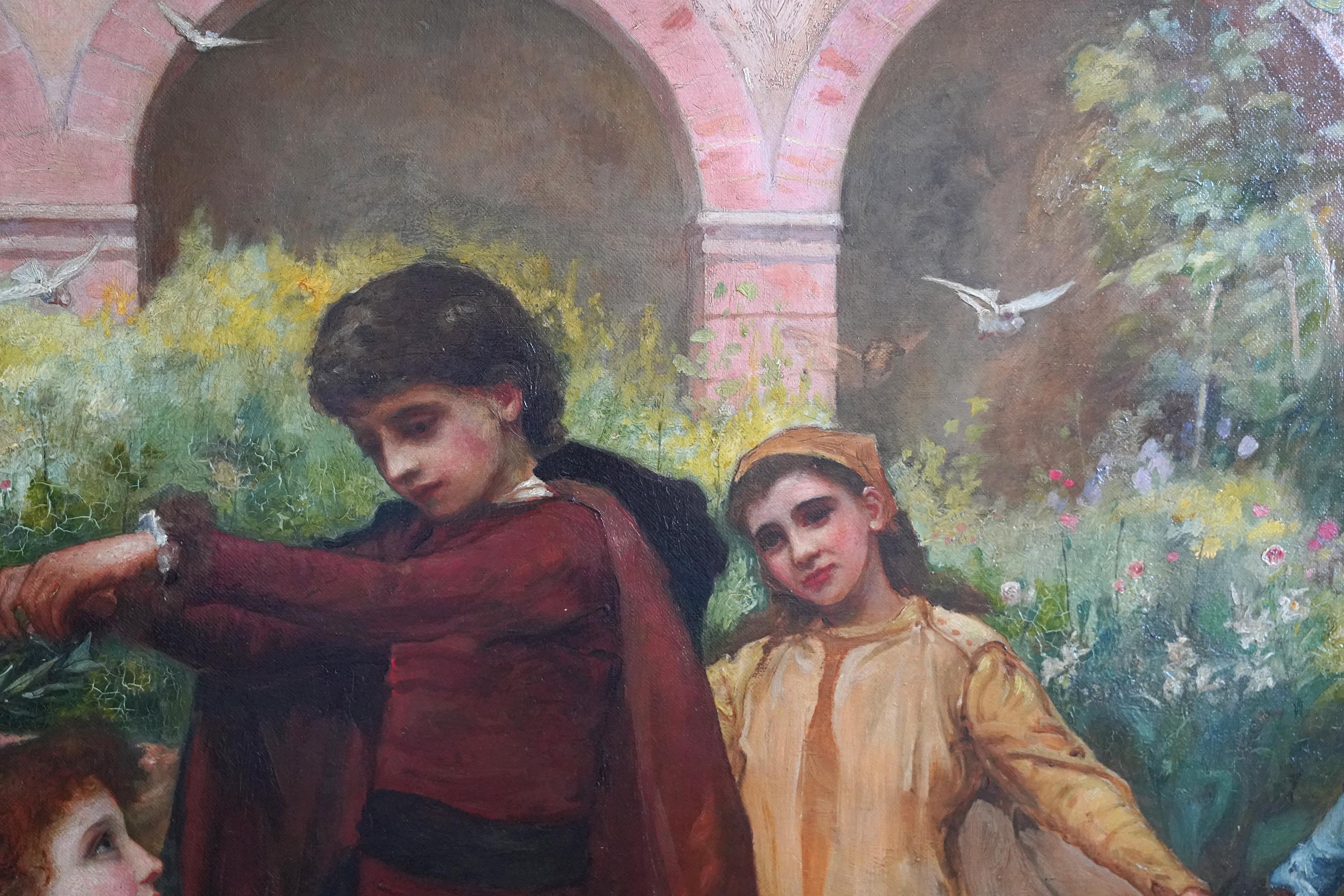 Questo splendido dipinto a olio dell'epoca preraffaellita britannica, esposto alla Royal Academy, è opera della nota artista storica e suffragetta Jessie MacGregor. Negli anni '70 del XIX secolo fu istruita da Lord Frederick Leighton presso le
