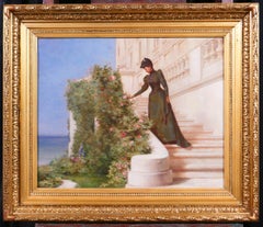 Woman picking a rose in front of a castle, american impressionism, landscape