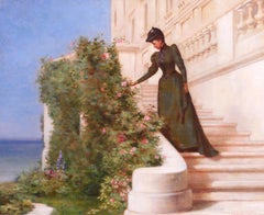Antique Woman picking a rose in front of a castle, american impressionism, landscape
