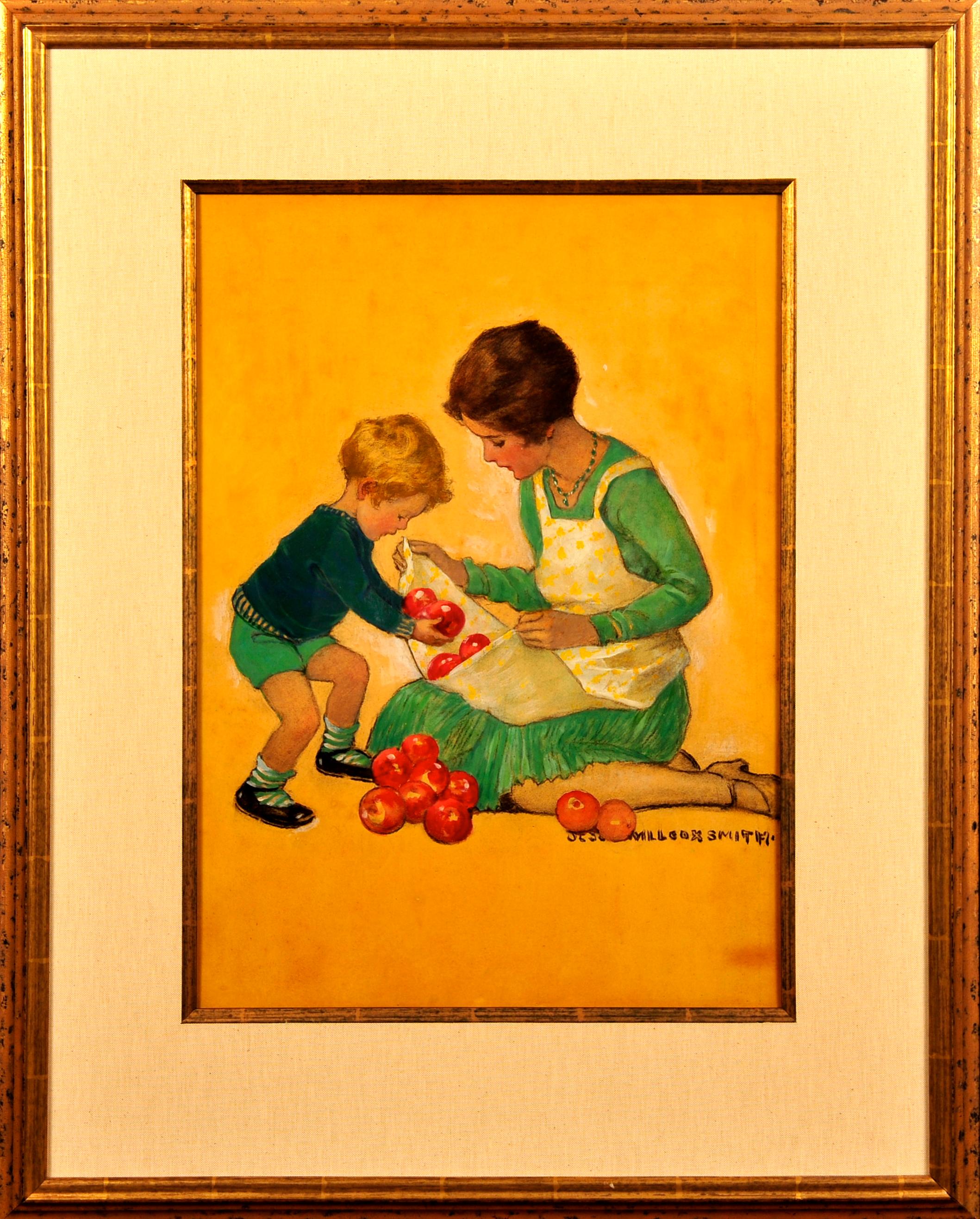 Mom with Apples, Good Housekeeping Cover - Painting by Jessie Willcox Smith