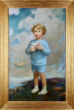 Portrait of a Boy with a Toy Sailboat, Oil on Canvas, Signed, 1926