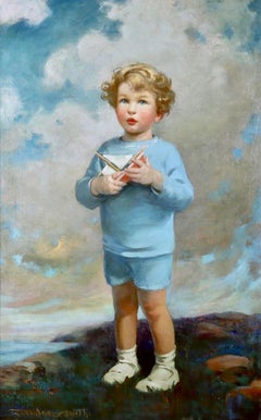 Portrait of a Boy with a Toy Sailboat, Oil on Canvas, Signed, 1926