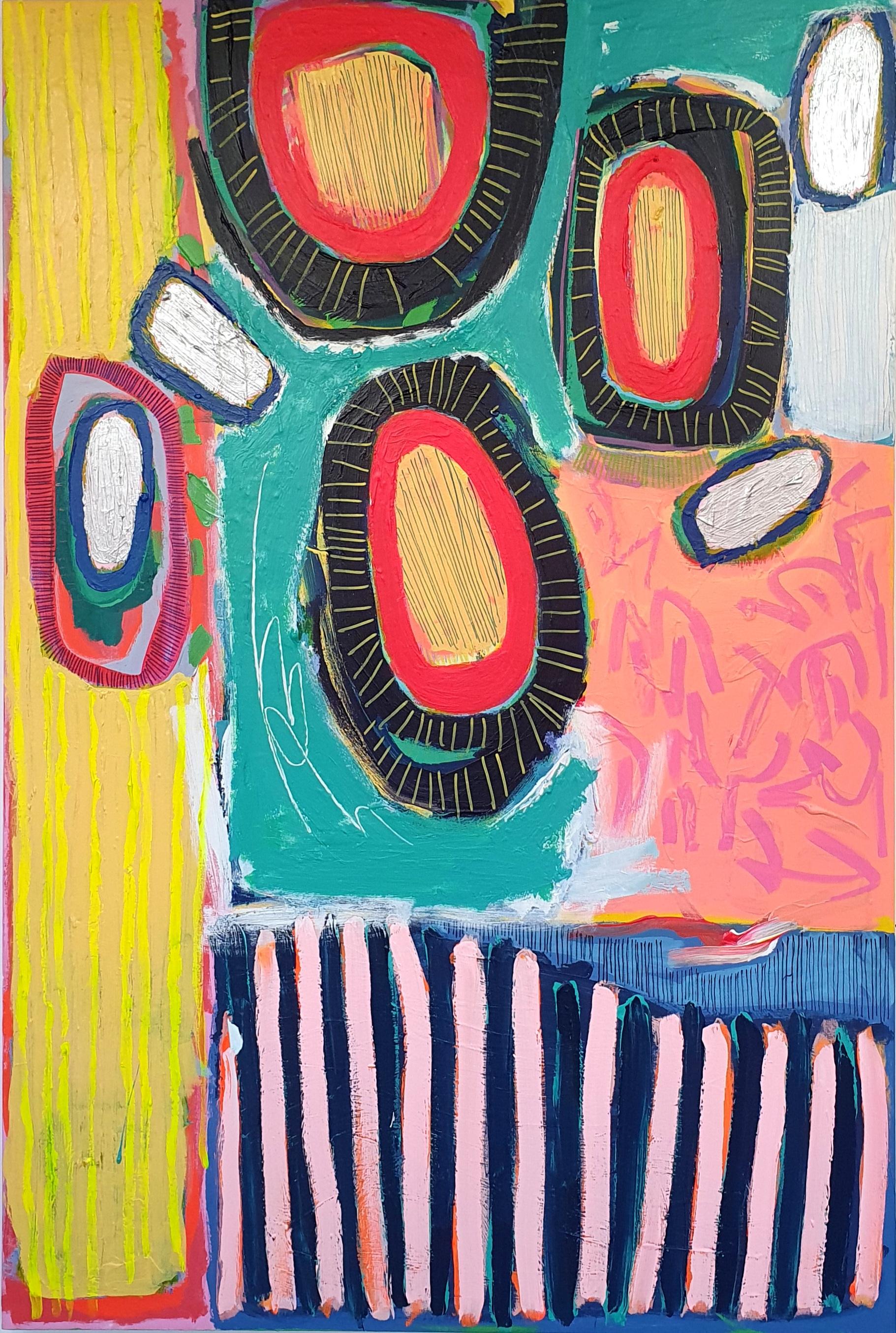 Jessie Woodward Still-Life Painting – #554, Originalgemälde, Abstrakt, Farbenfroh, Formen, Muster, Contemporary, Spaß