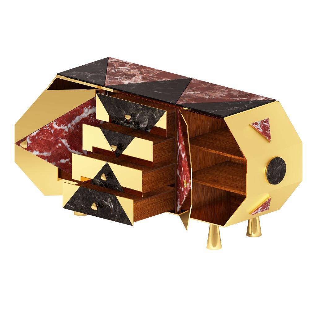 Jester sideboard/cabinet by Troy Smith

Mirror polished brass frame, feet and knobs

Black walnut shelves and drawers

Nero Marquinia polished marble

Rosso Francia polished marble.