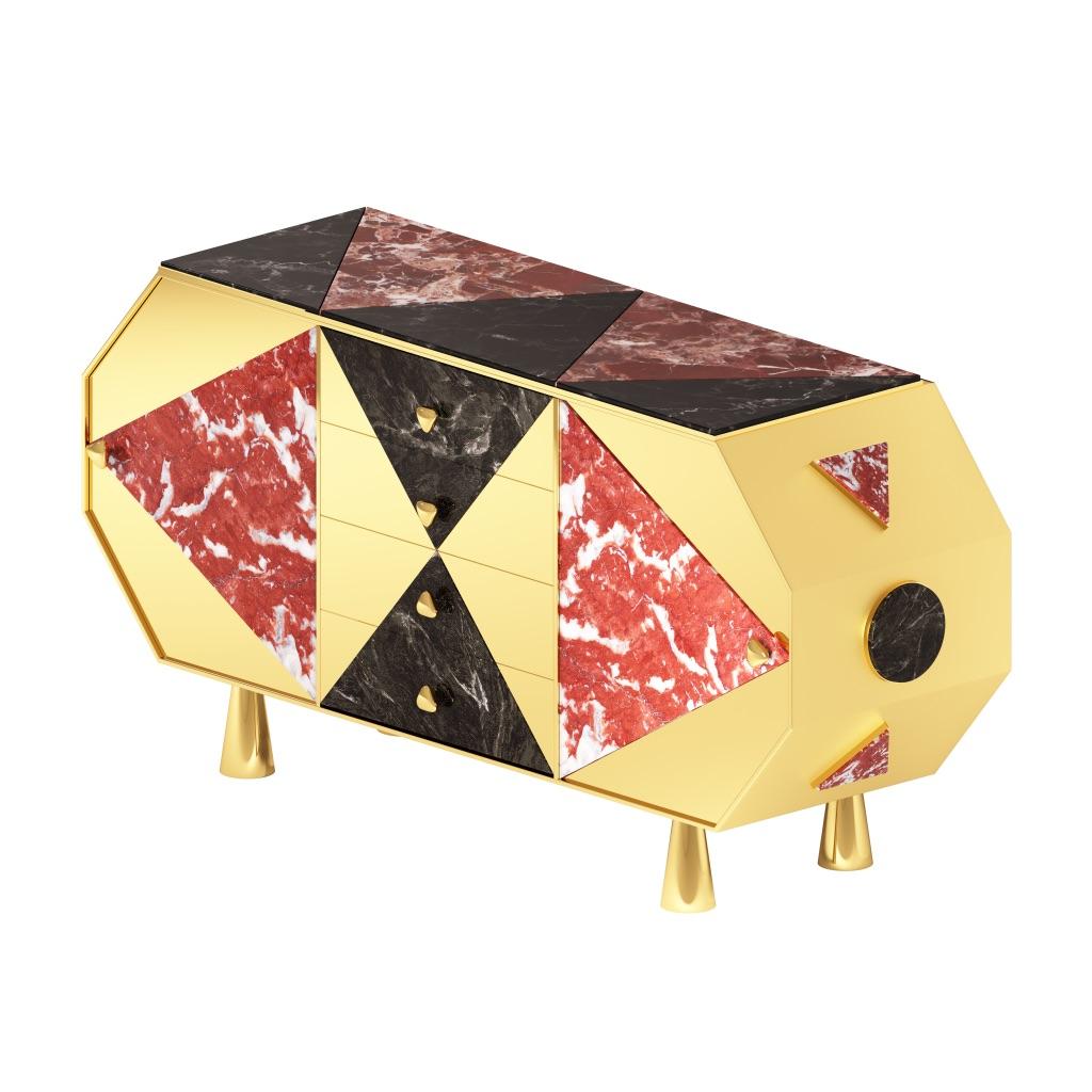Contemporary Jester Sideboard/Cabinet in Black Walnut, Marble and Mirror Polished Brass For Sale