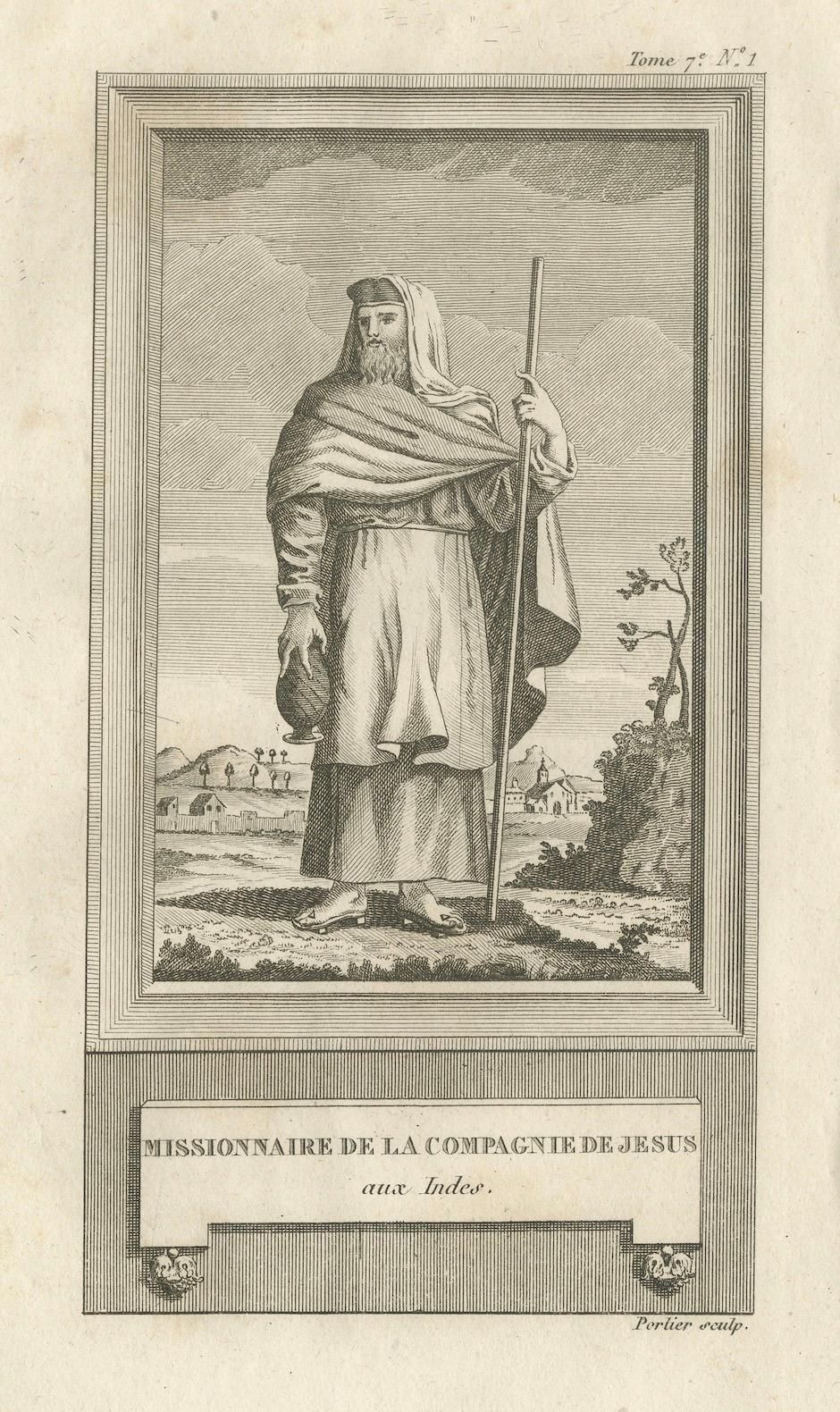 Papier Missionnaire jésuite aux Indes - Antique French Engraving by Portier, c.1790 en vente
