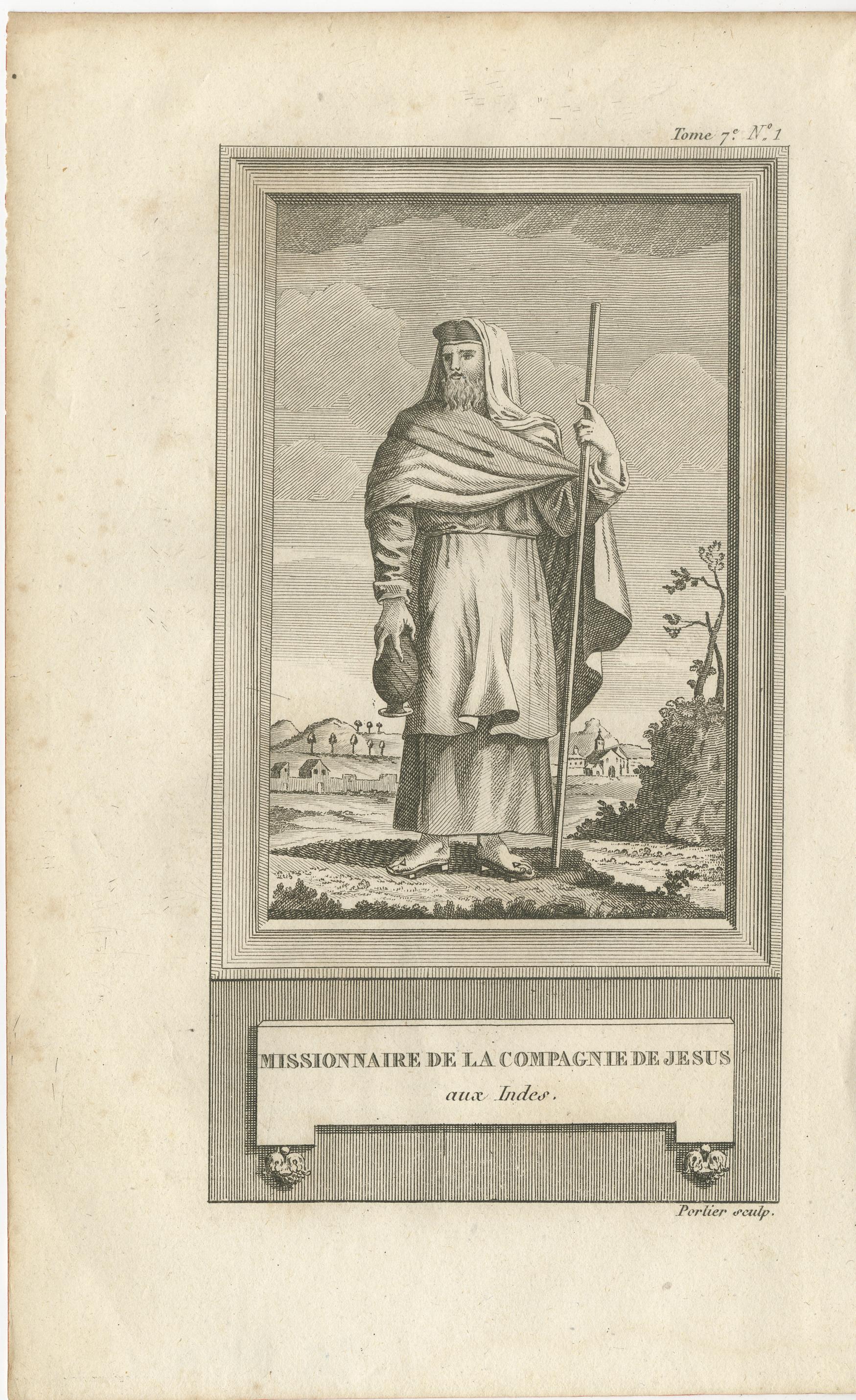 Missionnaire jésuite aux Indes - Antique French Engraving by Portier, c.1790 en vente 1
