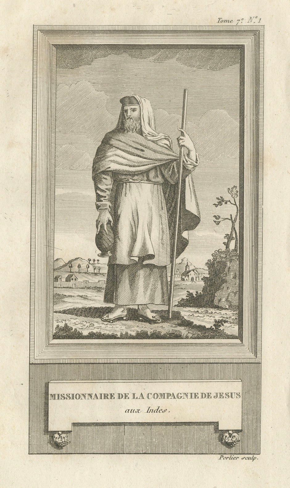 Missionnaire jésuite aux Indes - Antique French Engraving by Portier, c.1790 en vente
