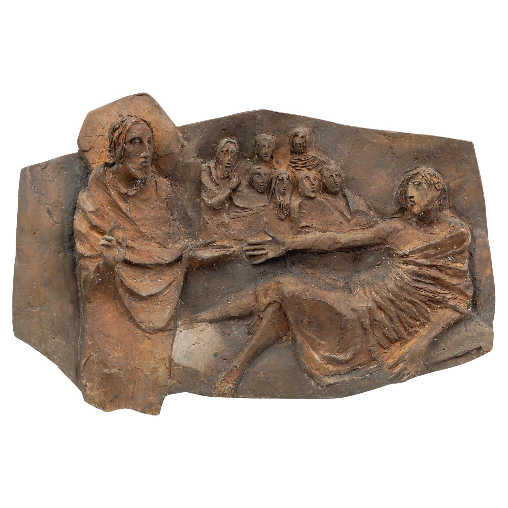 Jesus and the reclining man wall bronze plaque from an Eastern European church For Sale